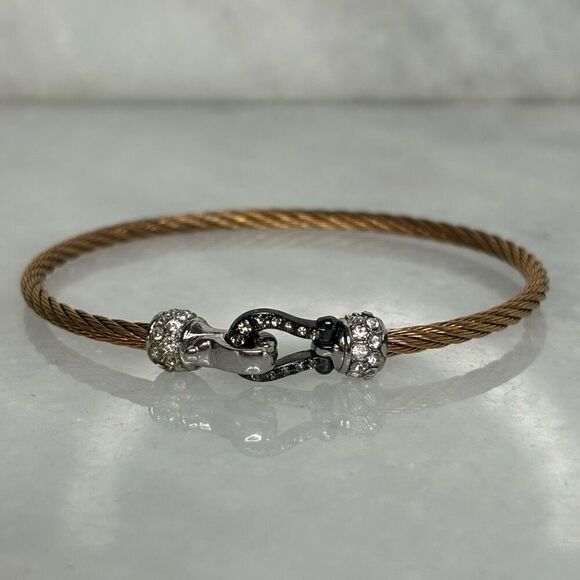 Rose Gold-tone Twisted Cable With Black and Silver Rhinestone Horseshoe Clasp Ba - Picture 4 of 4